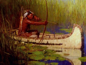古典的 Painting - カヌーの弓と矢のネイティブ アメリカン インディアン ハンター